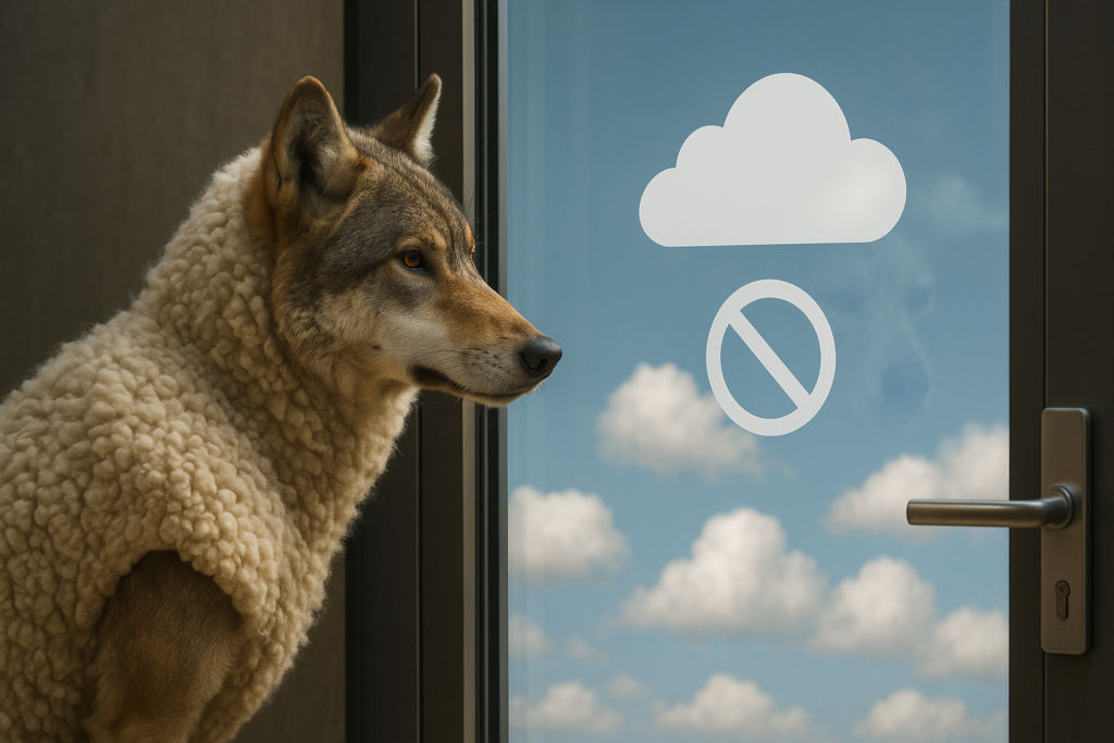 Ein Wolf im Schafspelz steht vor einer verschlossenen Tür, die den Zugang zur Daten-Cloud symbolisiert.