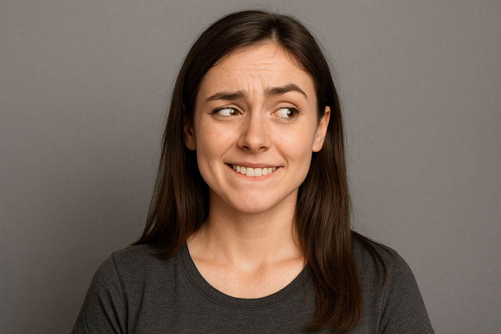 Eine dunkelhaarige Frau mit verschmitztem Gesichtsausdruck beißt sich auf die Lippen.