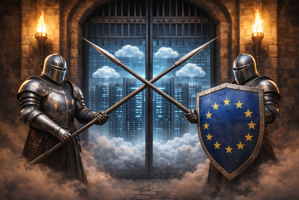 Zwei Ritter bewachen mit gekreuzten Lanzen ein Tor. Das Tor symbolisiert den Zugang zur europäischen Daten-Cloud. Einer der Ritter trägt zudem einen Schild auf dem die Europaflagge abgebildet ist.