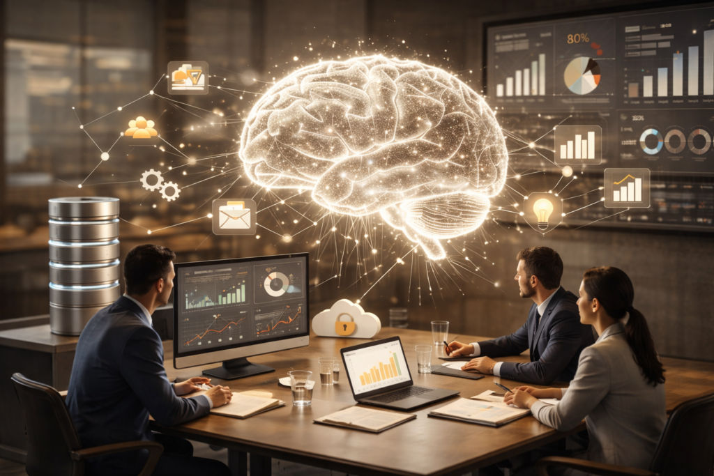 Eine symbolhafte Darstellung einer Unternehmens-Wissensdatenbank durch ein im Raum schwebendes Gehirn.