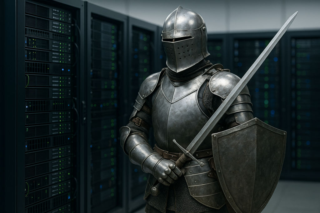 Ein Ritter mit Schwert steht als Beschützer vor eine Serverfarm.