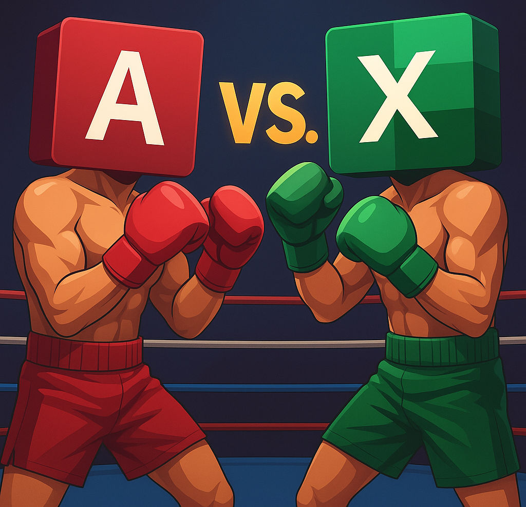Comichafte Darstellung von zwei Boxern, die sich mit erhobenen Armen im Boxring gegenüberstehen. Sie haben keine echten Köpfe, sondern stattdessen die Logos von Microsoft Access und Microsoft Excel. Zwischen ihnen steht "vs." geschrieben.