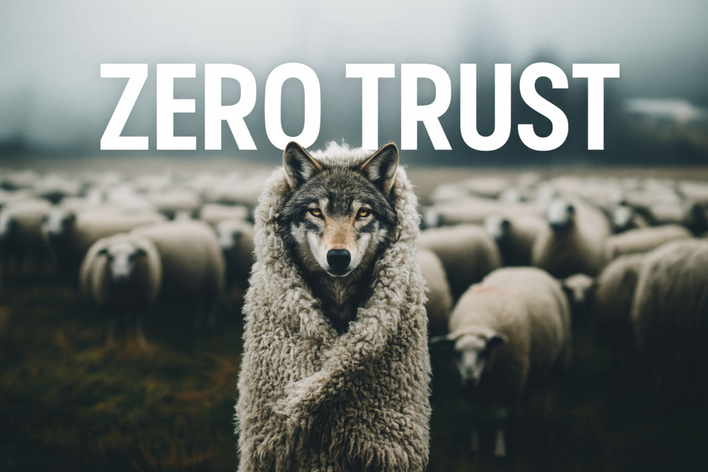 Das Bild zeigt eine Schafherde. Vor der Schafherde steht ein Wolf, der in einen Schafpelz gekleidet ist. Über dem Wolf steht in großen Lettern "Zero Trust" geschrieben.