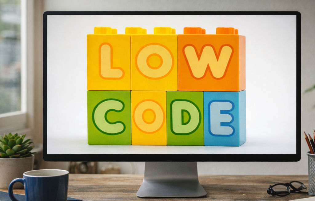 Ein Computer-Monitor auf dem Klemmbausteine zu sehen sind auf welchen "Low Code" steht.
